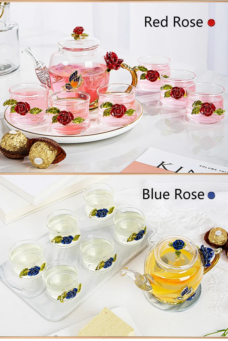Red rose Crystal Flower Glass Teapot set - PRINCESS