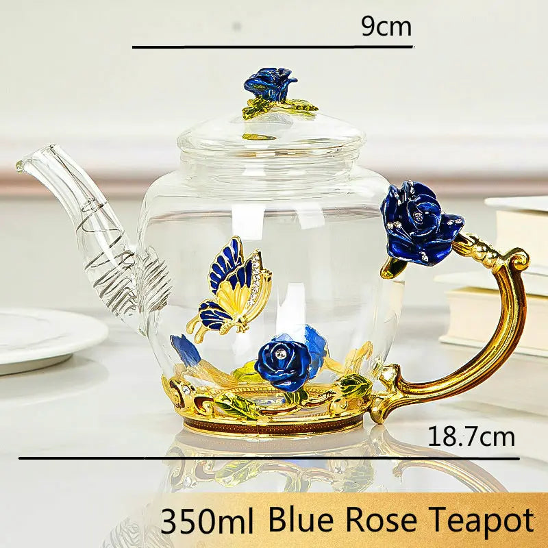 Red rose Crystal Flower Glass Teapot set - PRINCESS