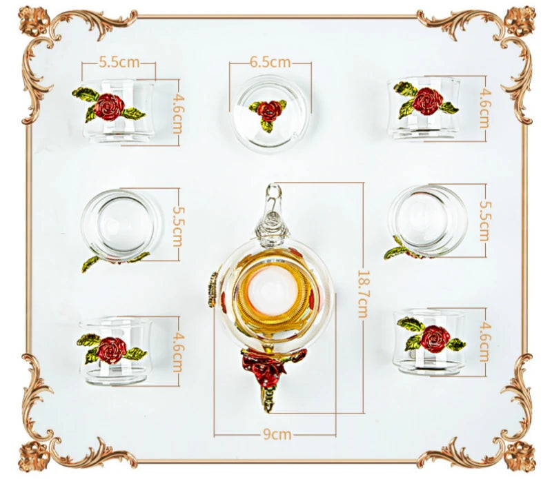 Red rose Crystal Flower Glass Teapot set - PRINCESS