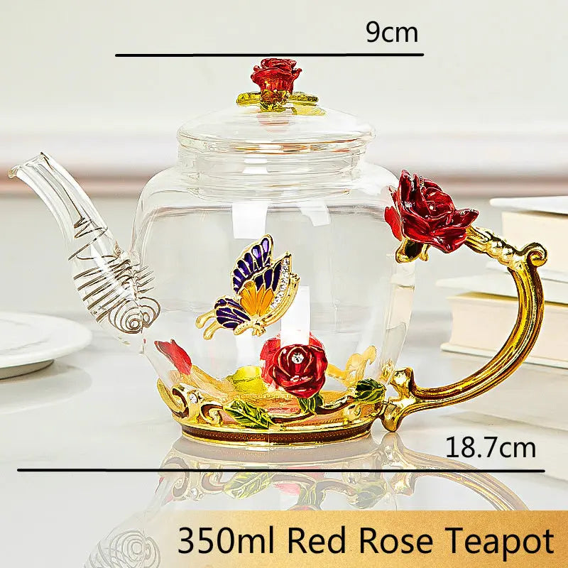 Red rose Crystal Flower Glass Teapot set - PRINCESS