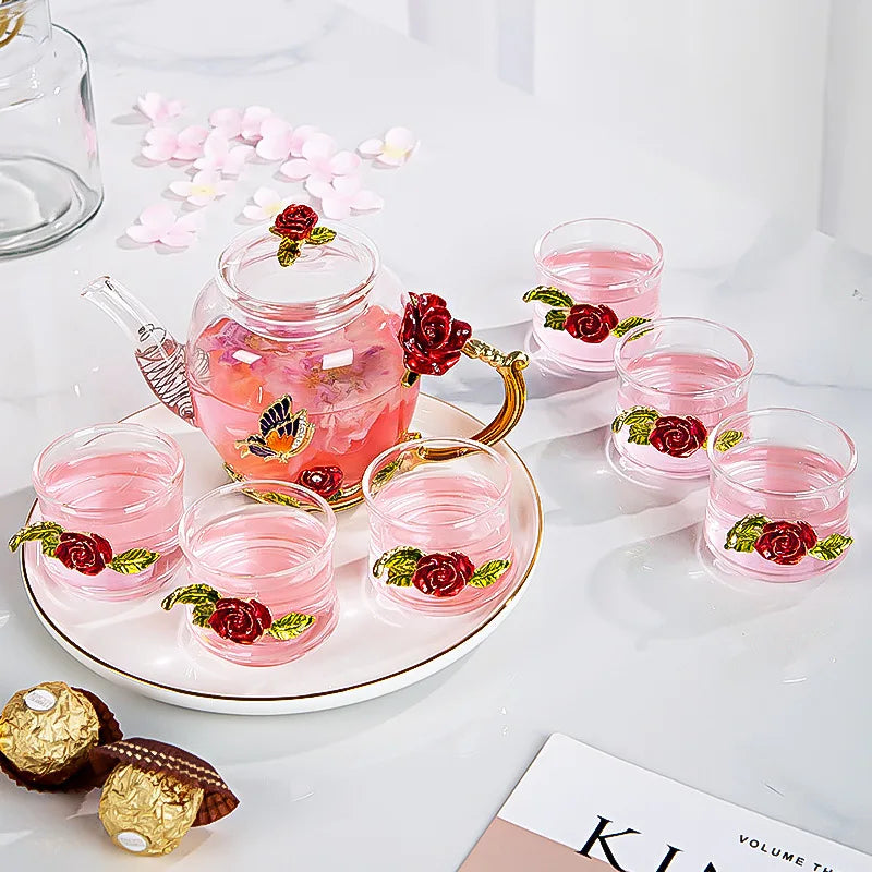 Red rose Crystal Flower Glass Teapot set - PRINCESS