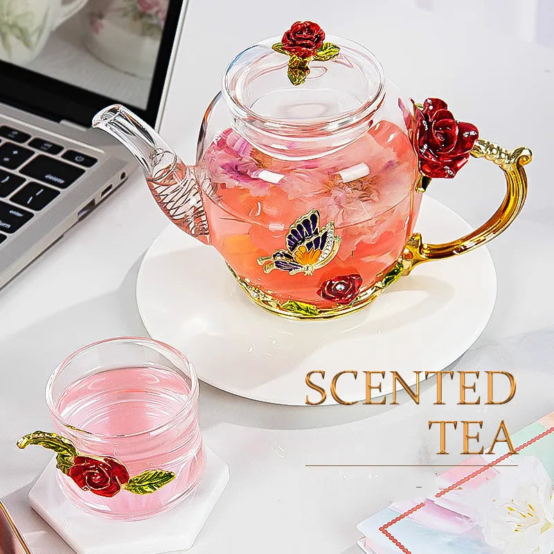 Red rose Crystal Flower Glass Teapot set - PRINCESS