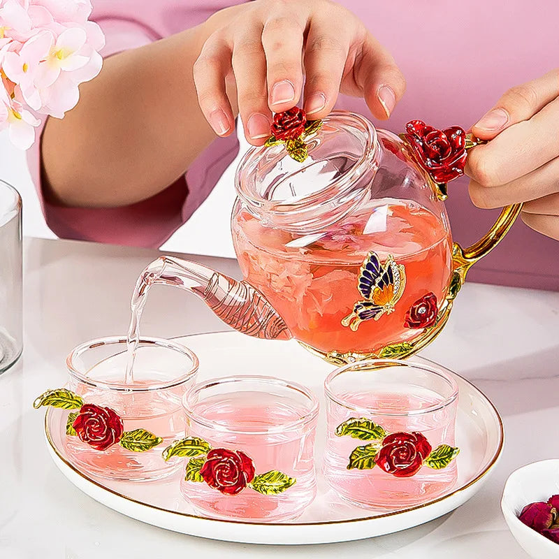 Red rose Crystal Flower Glass Teapot set - PRINCESS