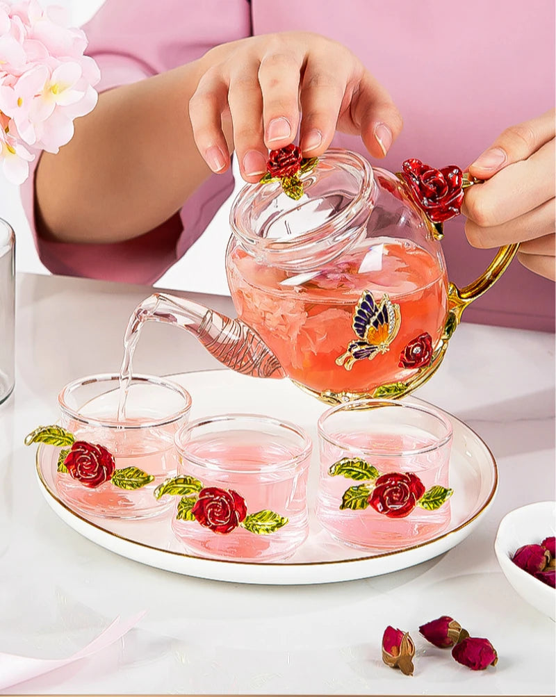 Red rose Crystal Flower Glass Teapot set - PRINCESS