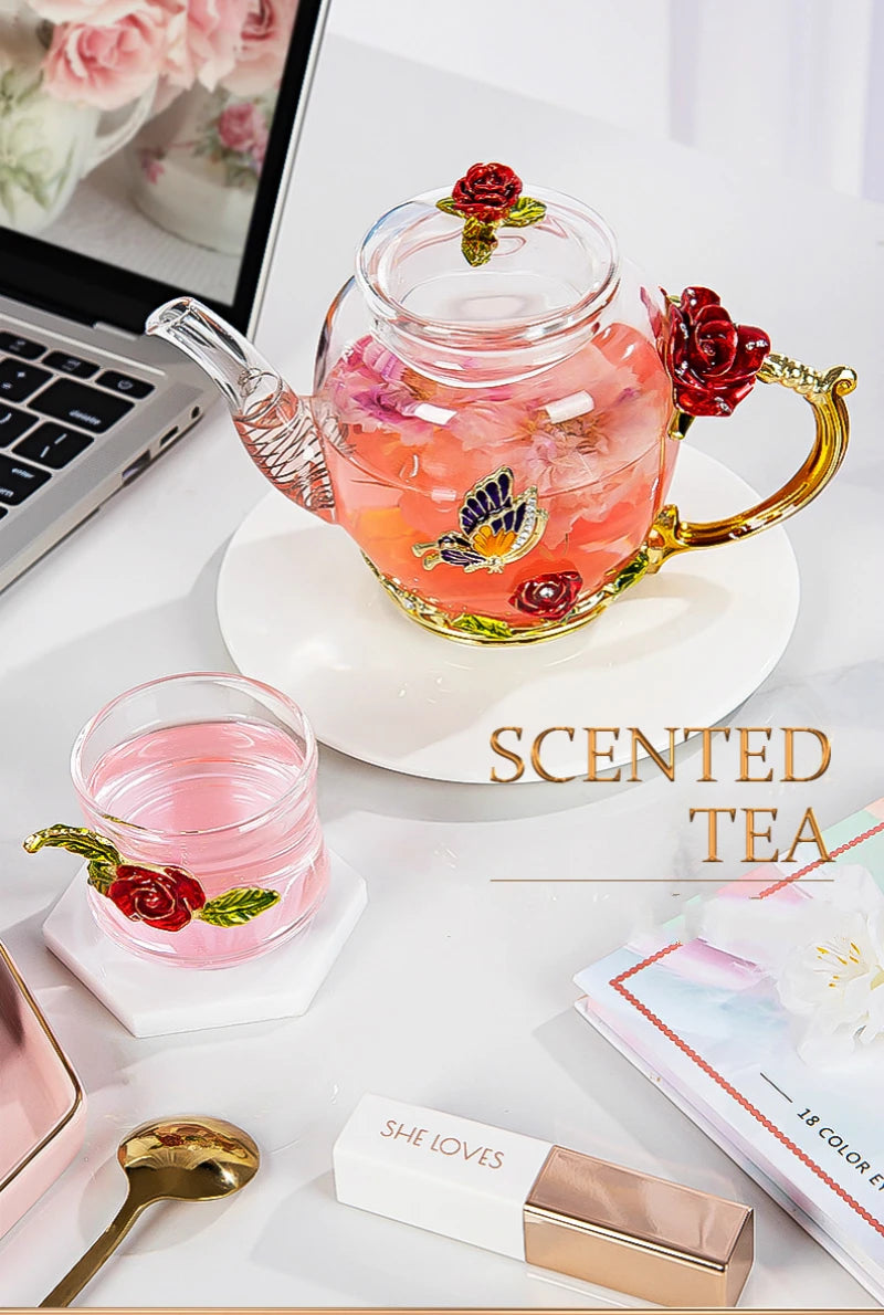 Red rose Crystal Flower Glass Teapot set - PRINCESS