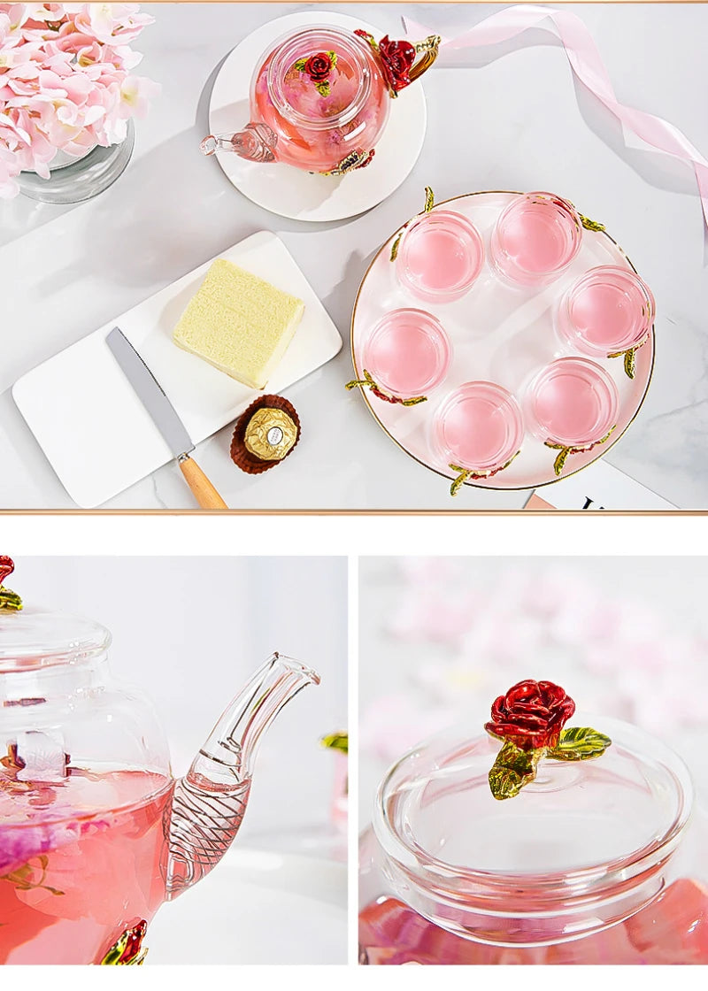 Red rose Crystal Flower Glass Teapot set - PRINCESS