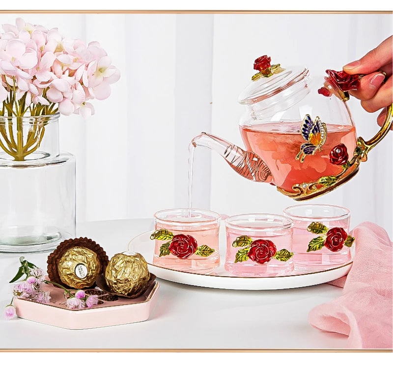 Red rose Crystal Flower Glass Teapot set - PRINCESS