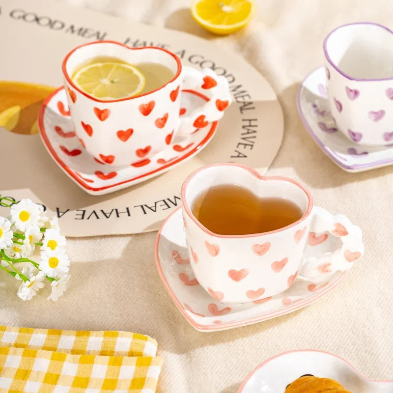 Heart Shape Coffee cup with Saucer Hand Painted - ROMANTIC