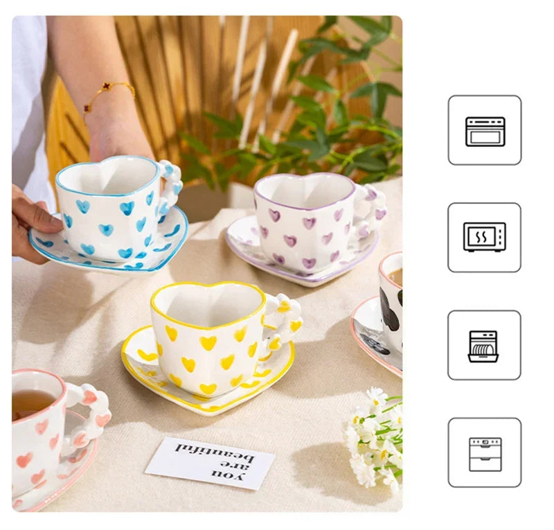 Heart Shape Coffee cup with Saucer Hand Painted - ROMANTIC