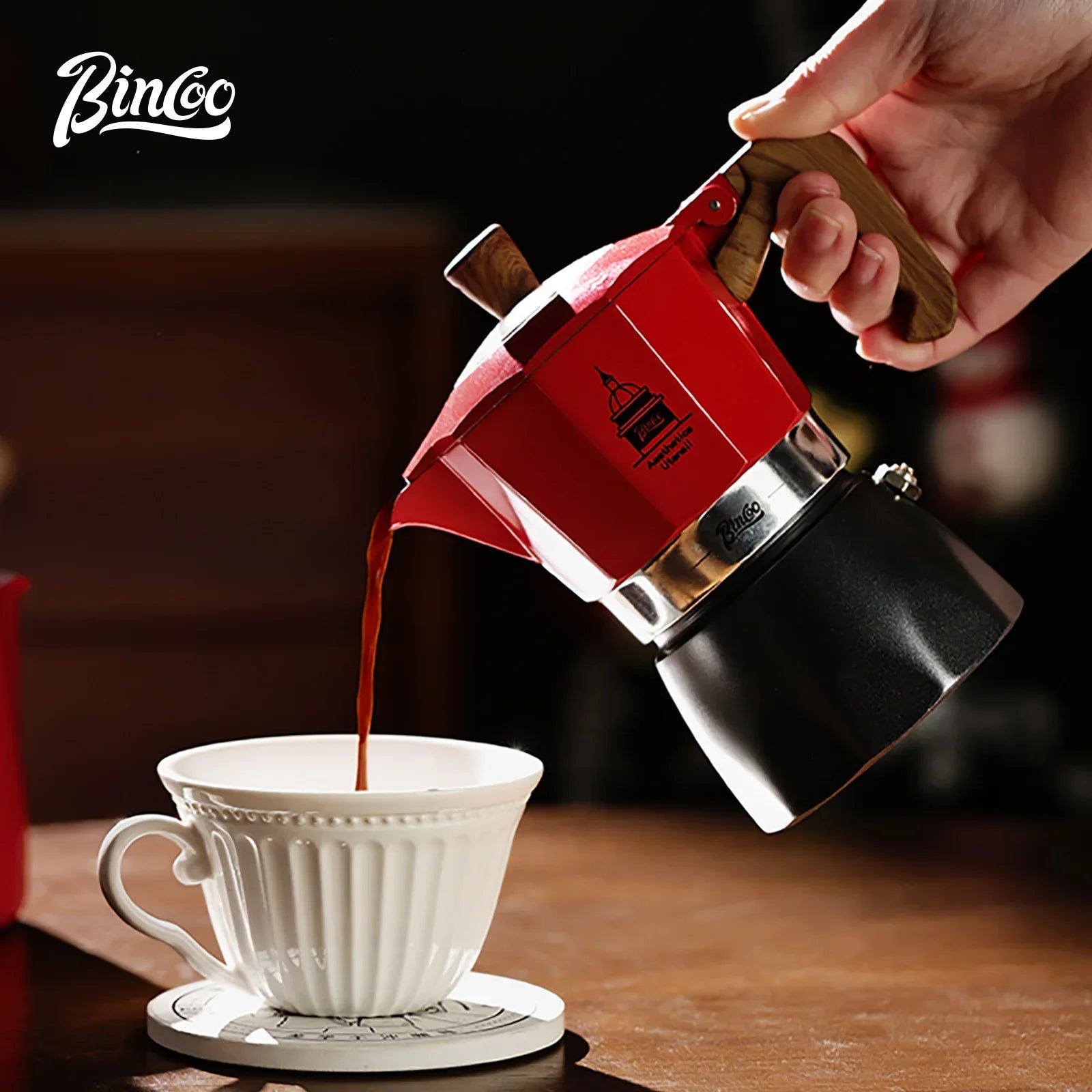 Electric Coffee Moka Pot - BLACK AND RED