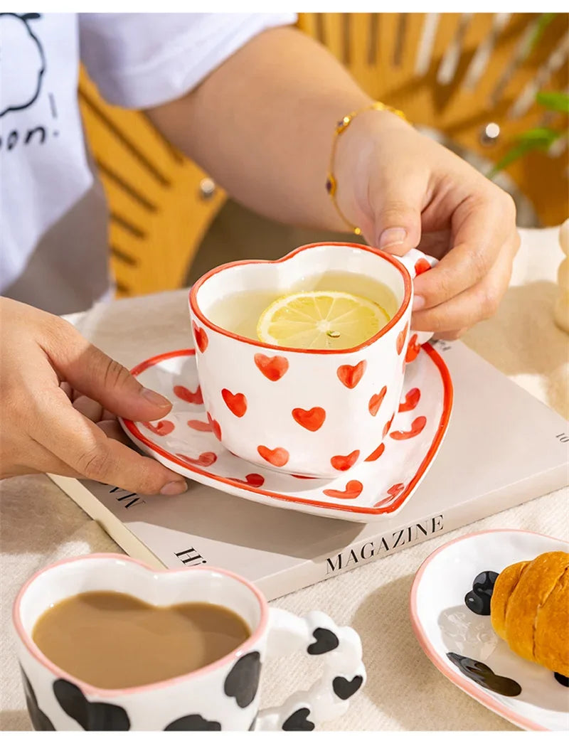 Heart Shape Coffee cup with Saucer Hand Painted - ROMANTIC