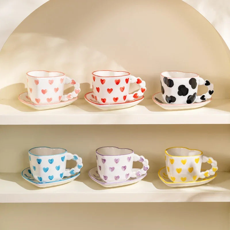 Heart Shape Coffee cup with Saucer Hand Painted - ROMANTIC