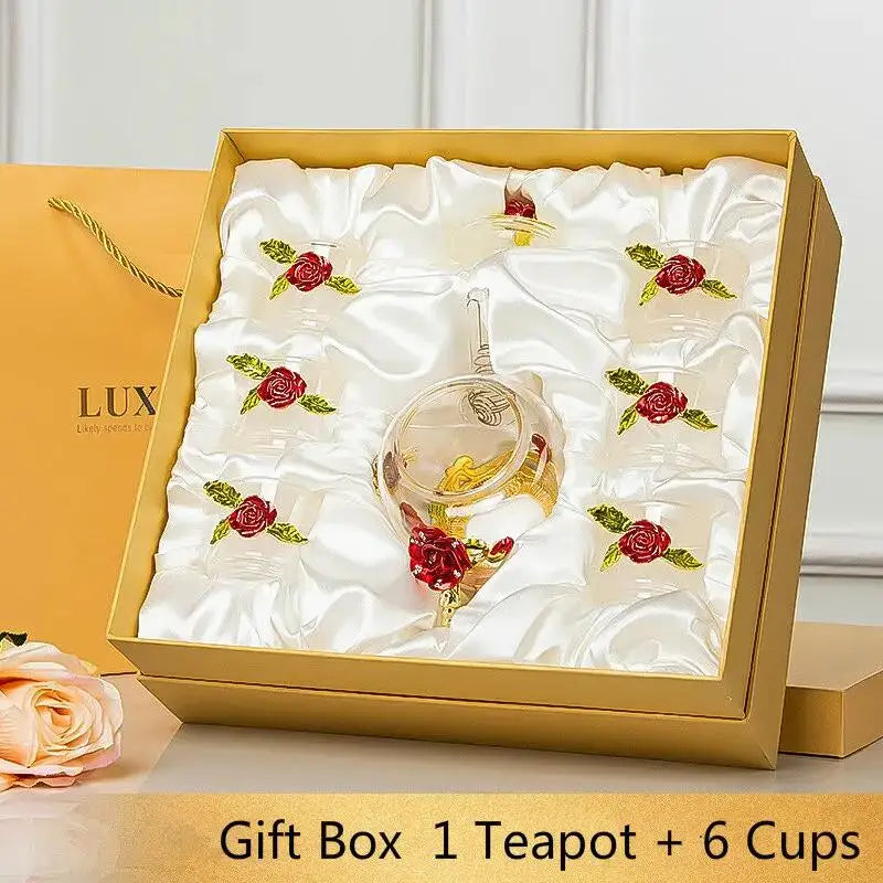 Red rose Crystal Flower Glass Teapot set - PRINCESS