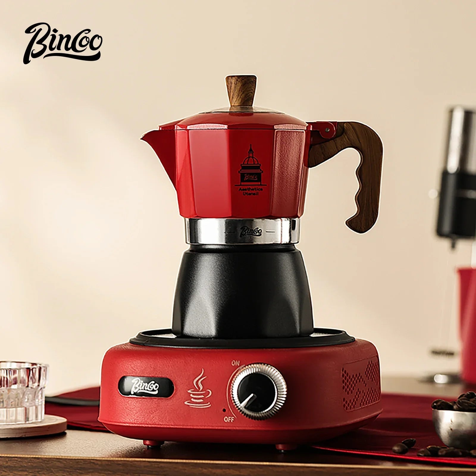 Electric Coffee Moka Pot - BLACK AND RED