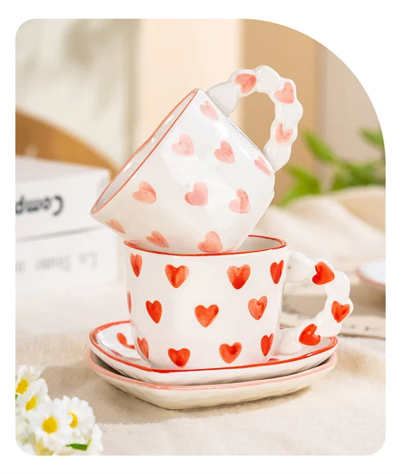 Heart Shape Coffee cup with Saucer Hand Painted - ROMANTIC