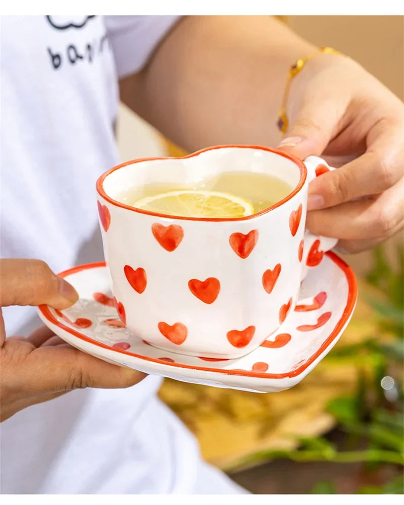 Heart Shape Coffee cup with Saucer Hand Painted - ROMANTIC