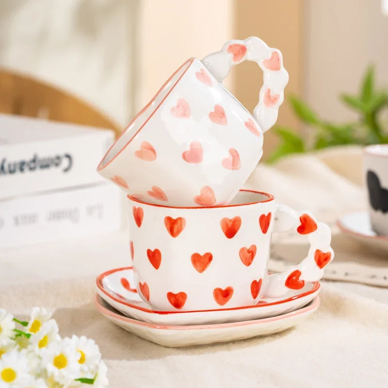 Heart Shape Coffee cup with Saucer Hand Painted - ROMANTIC